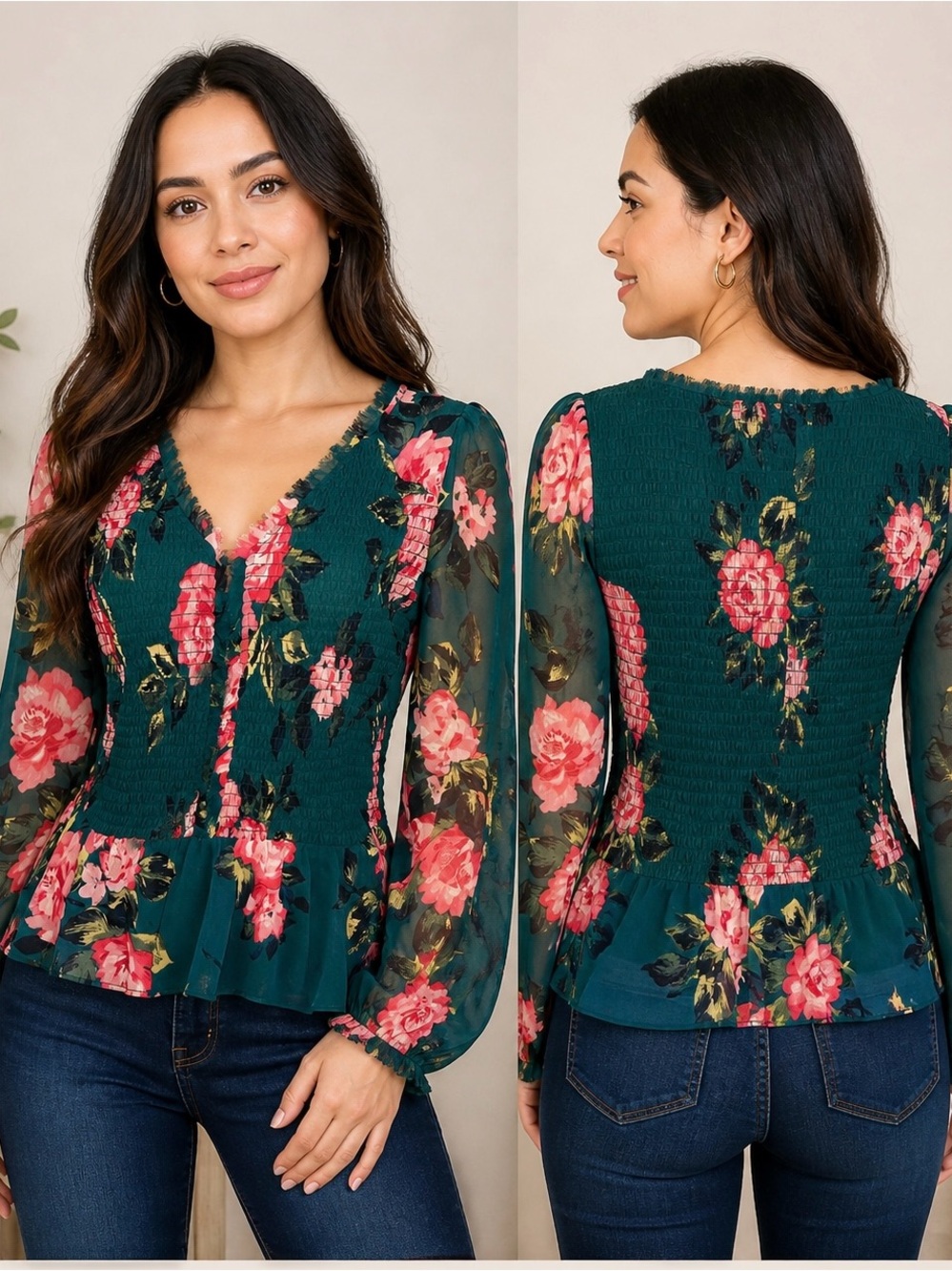 Jessica Simpson Teal Floral Smocked Peplum Blouse